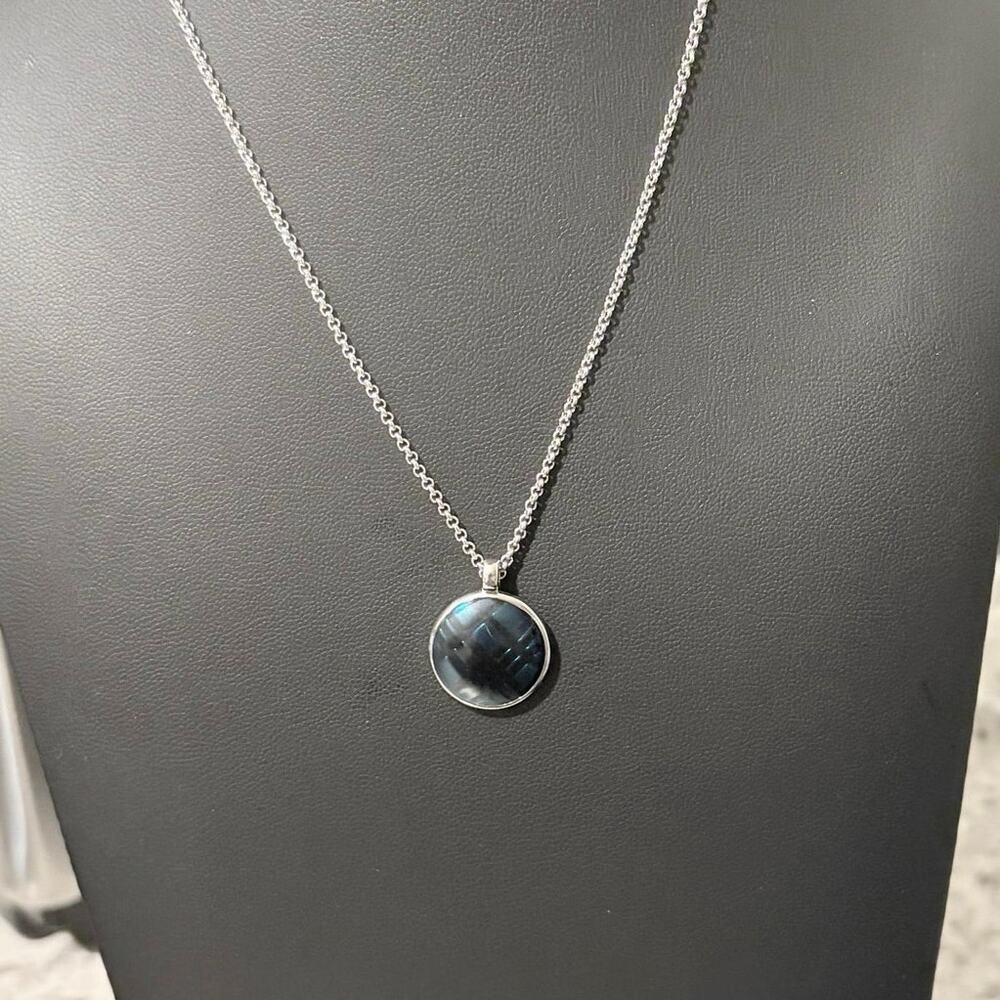 Burberry Silver Tone Rolo Chain Necklace Iridescent Blue Check Dome Pendant